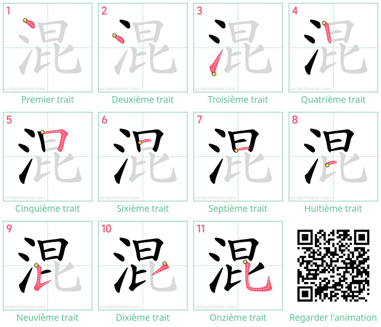 Diagrammes d'ordre des traits étape par étape pour le caractère 混