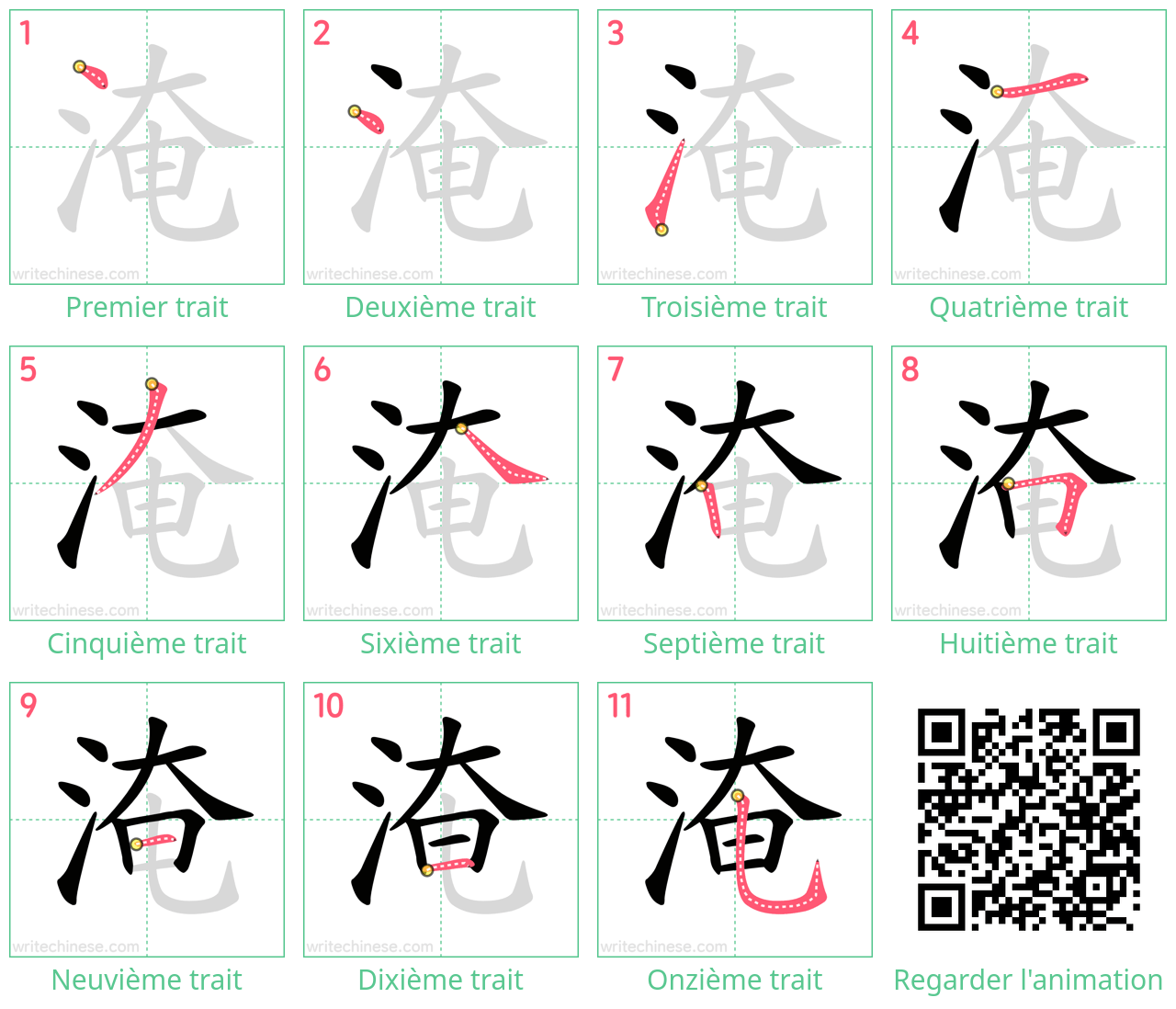 Diagrammes d'ordre des traits étape par étape pour le caractère 淹