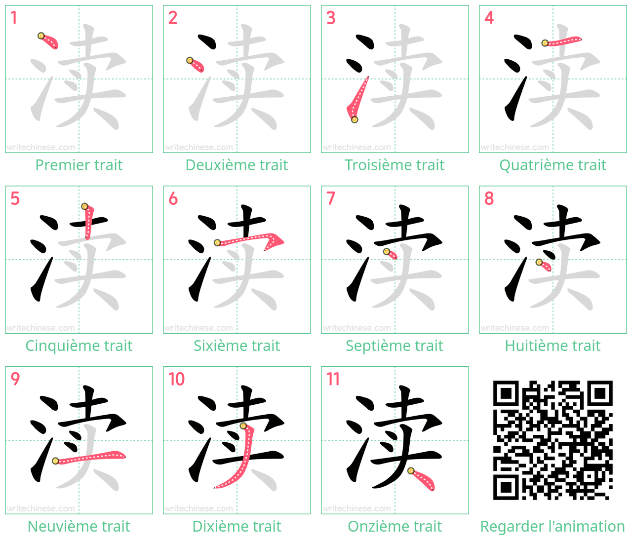 Diagrammes d'ordre des traits étape par étape pour le caractère 渎