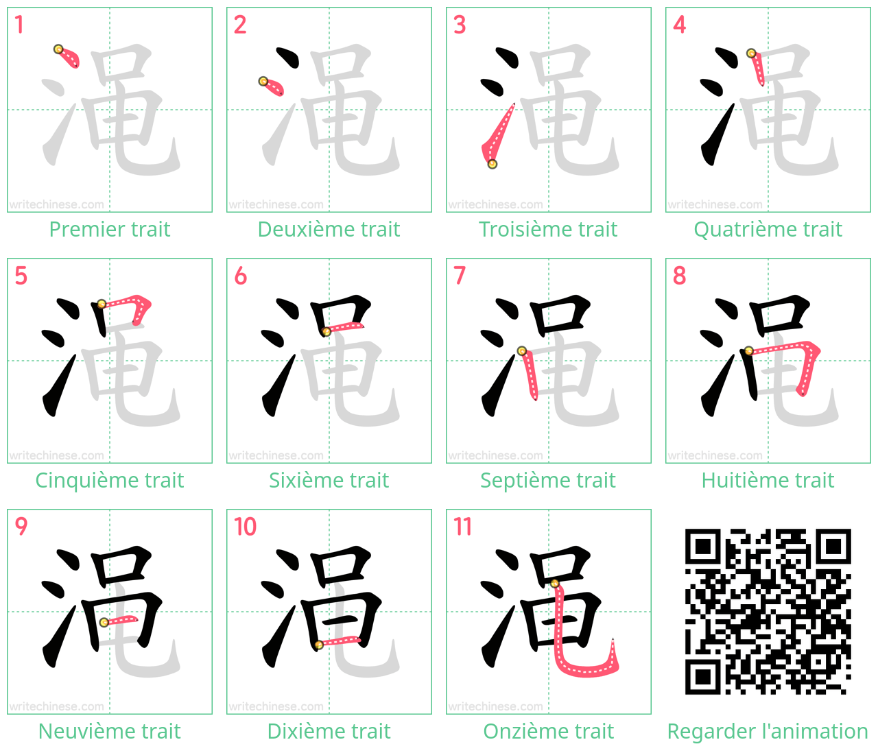 Diagrammes d'ordre des traits étape par étape pour le caractère 渑