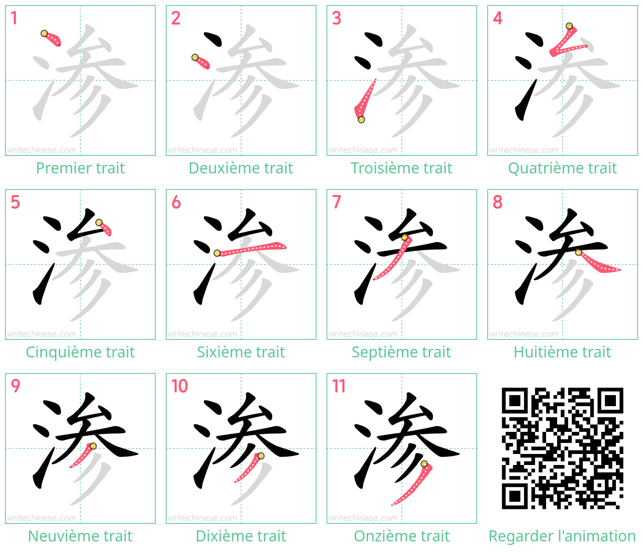 Diagrammes d'ordre des traits étape par étape pour le caractère 渗