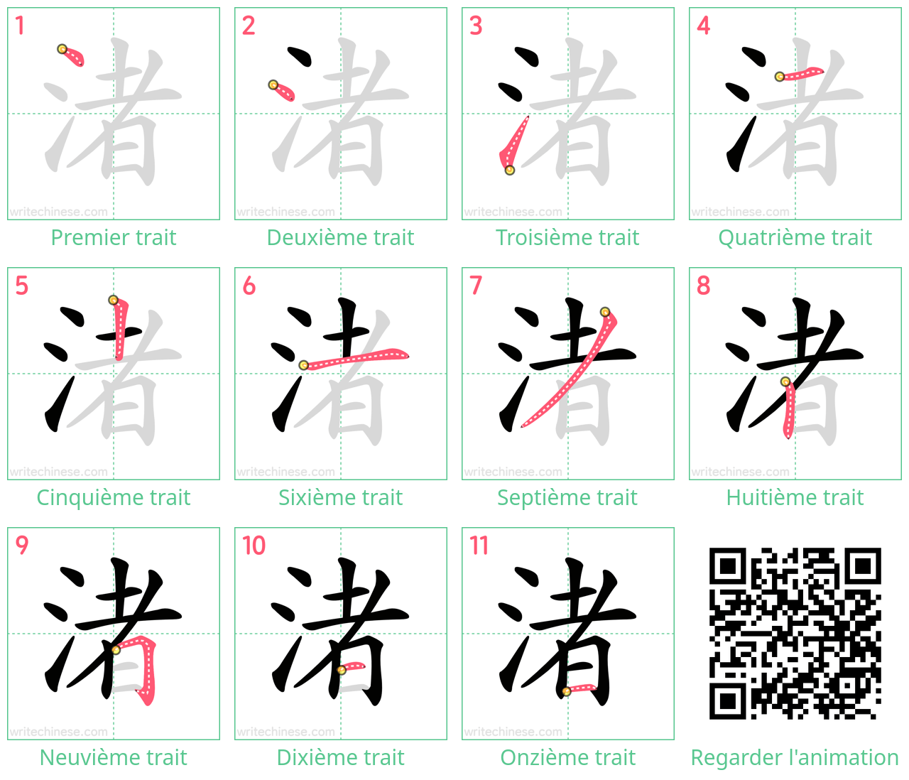 Diagrammes d'ordre des traits étape par étape pour le caractère 渚