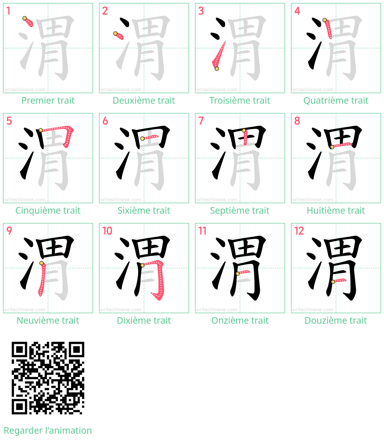 Diagrammes d'ordre des traits étape par étape pour le caractère 渭