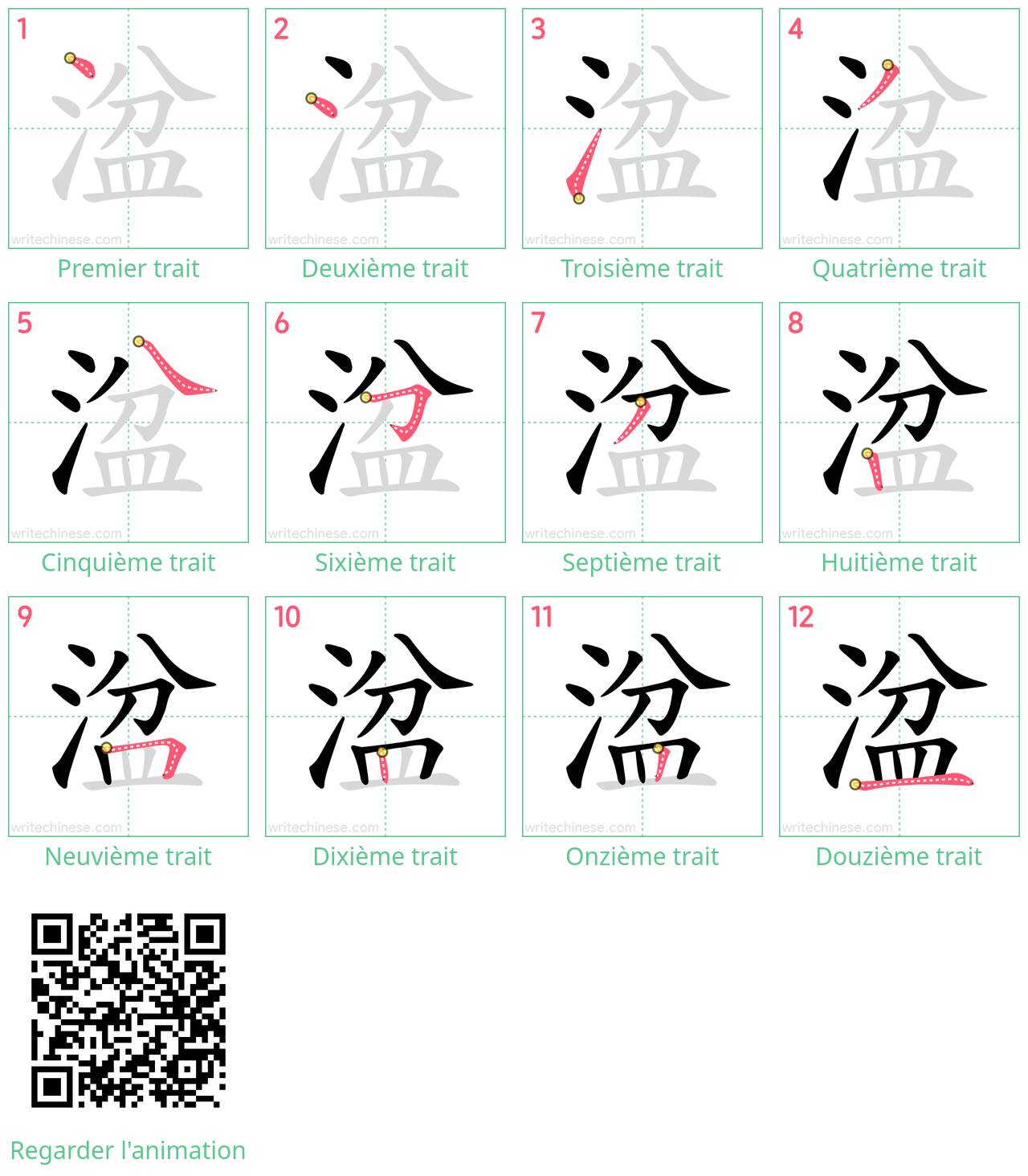 Diagrammes d'ordre des traits étape par étape pour le caractère 湓