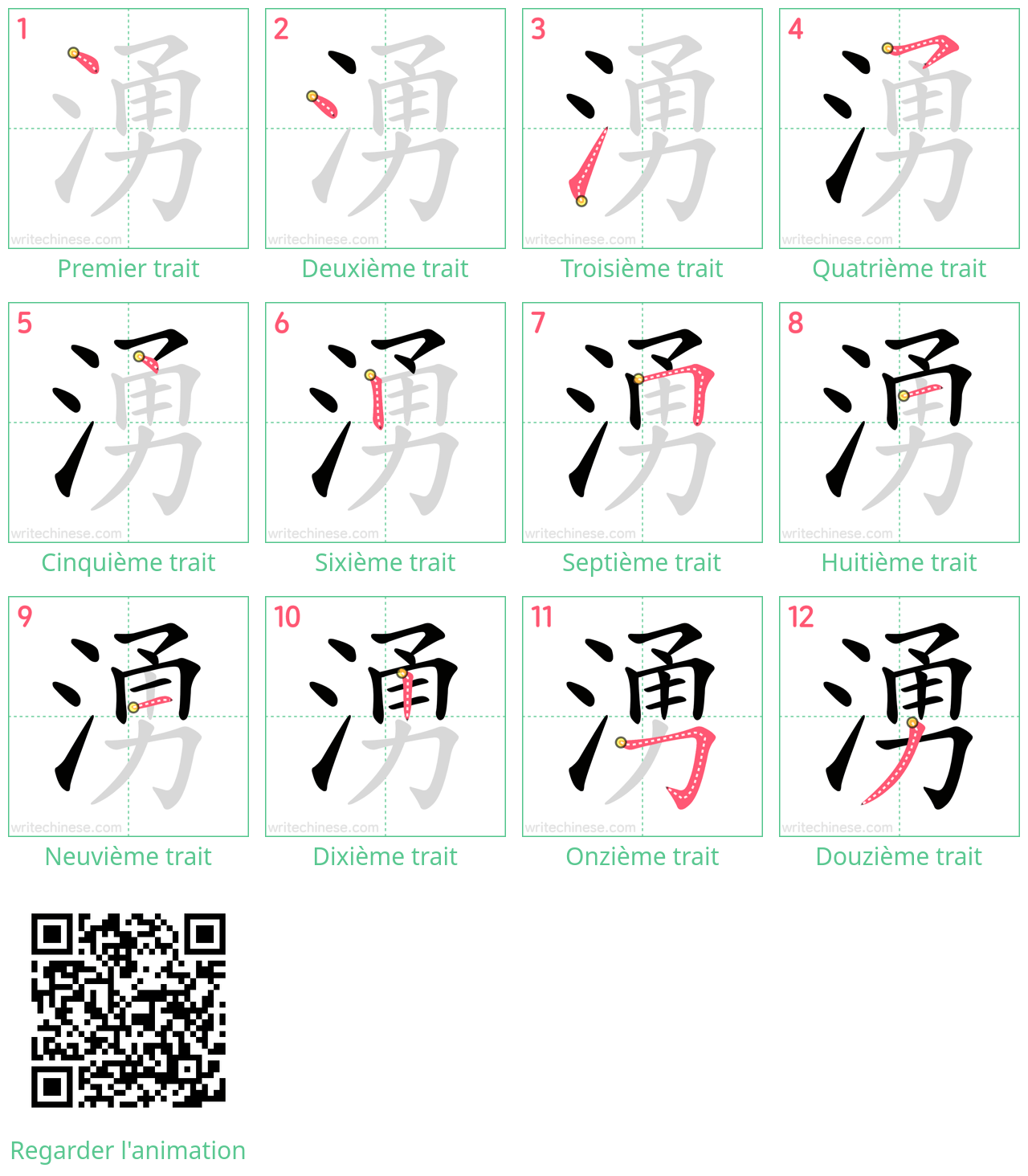 Diagrammes d'ordre des traits étape par étape pour le caractère 湧
