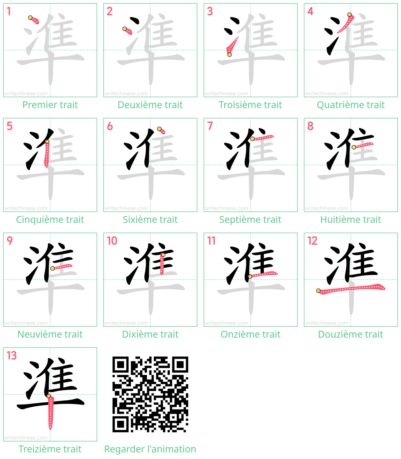 Diagrammes d'ordre des traits étape par étape pour le caractère 準