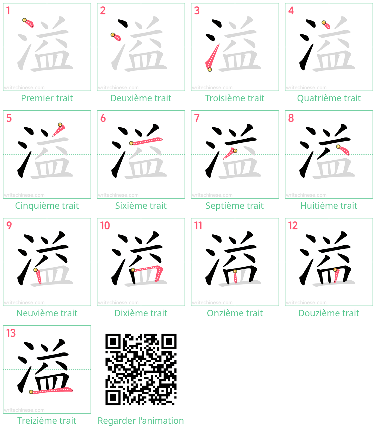 Diagrammes d'ordre des traits étape par étape pour le caractère 溢