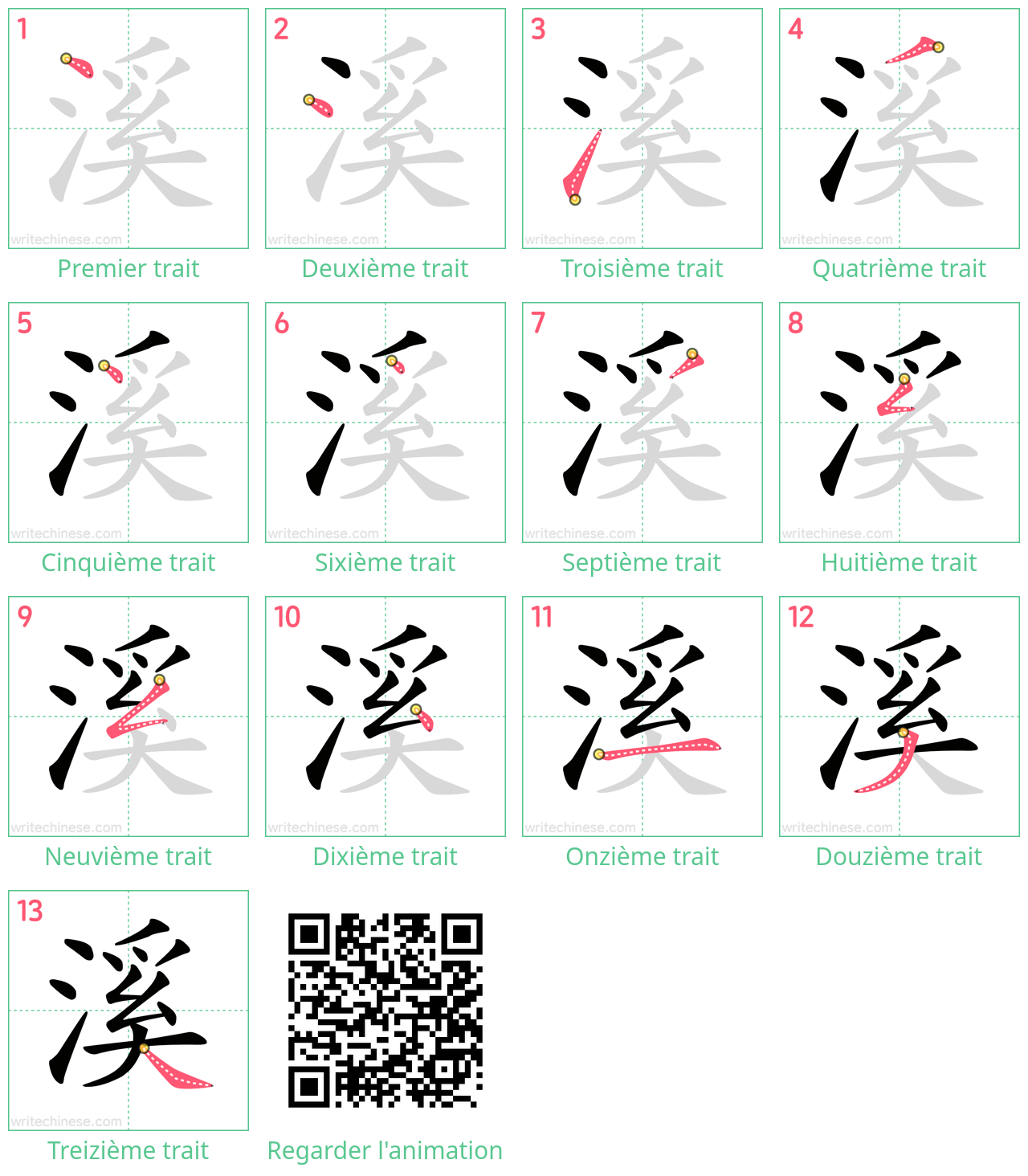 Diagrammes d'ordre des traits étape par étape pour le caractère 溪