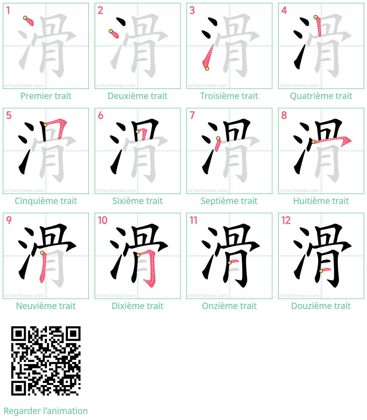 Diagrammes d'ordre des traits étape par étape pour le caractère 滑