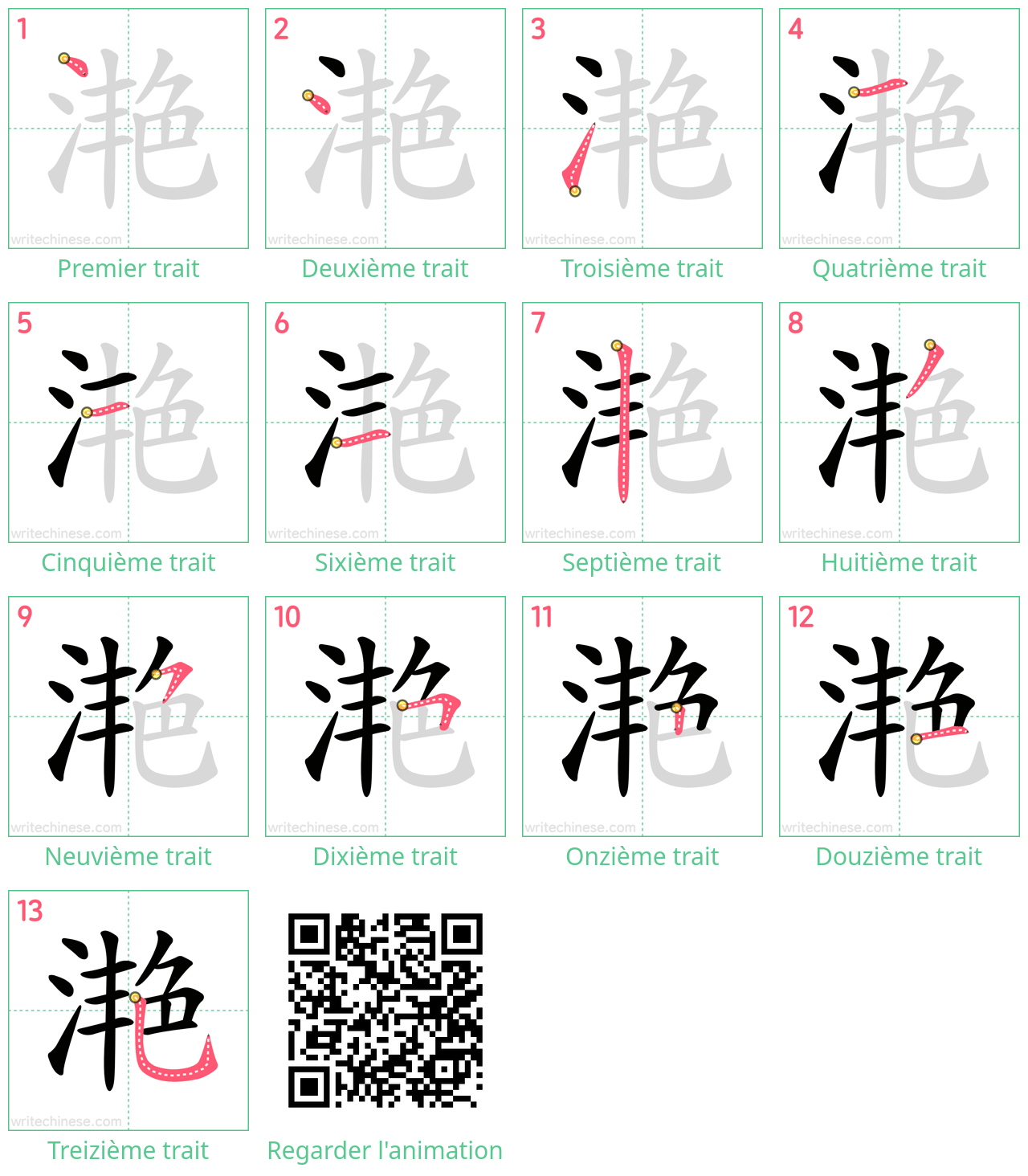 Diagrammes d'ordre des traits étape par étape pour le caractère 滟