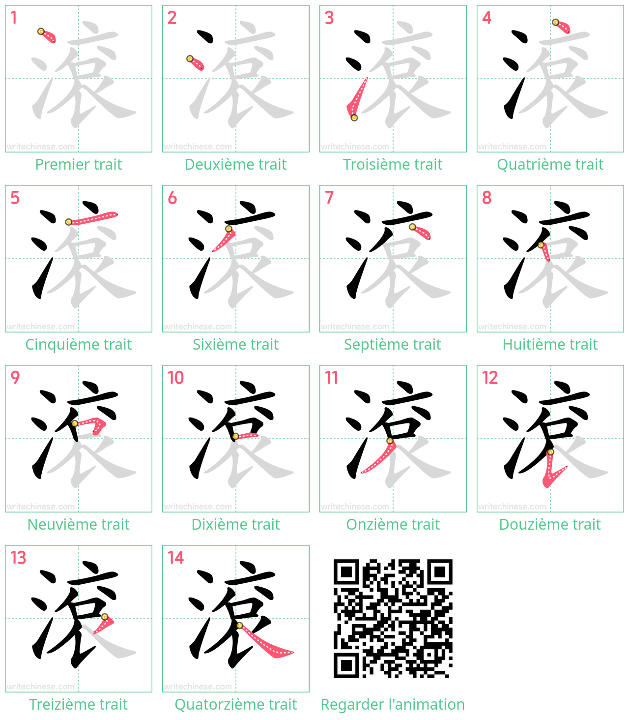 Diagrammes d'ordre des traits étape par étape pour le caractère 滾