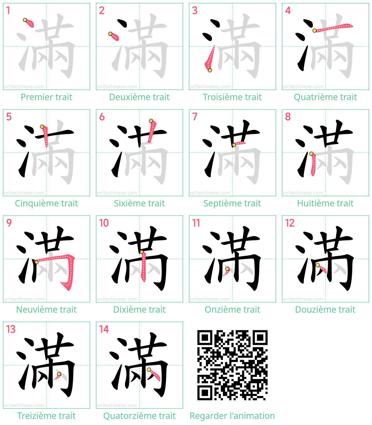 Diagrammes d'ordre des traits étape par étape pour le caractère 滿