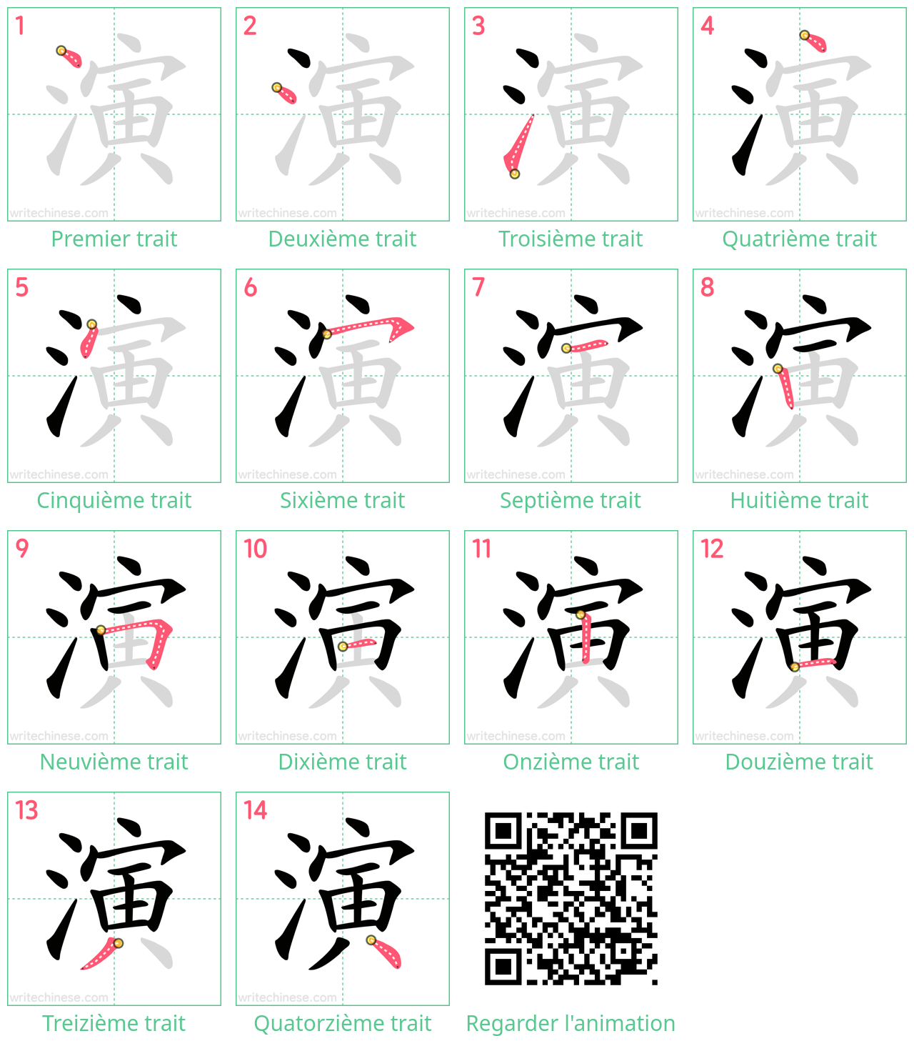 Diagrammes d'ordre des traits étape par étape pour le caractère 演