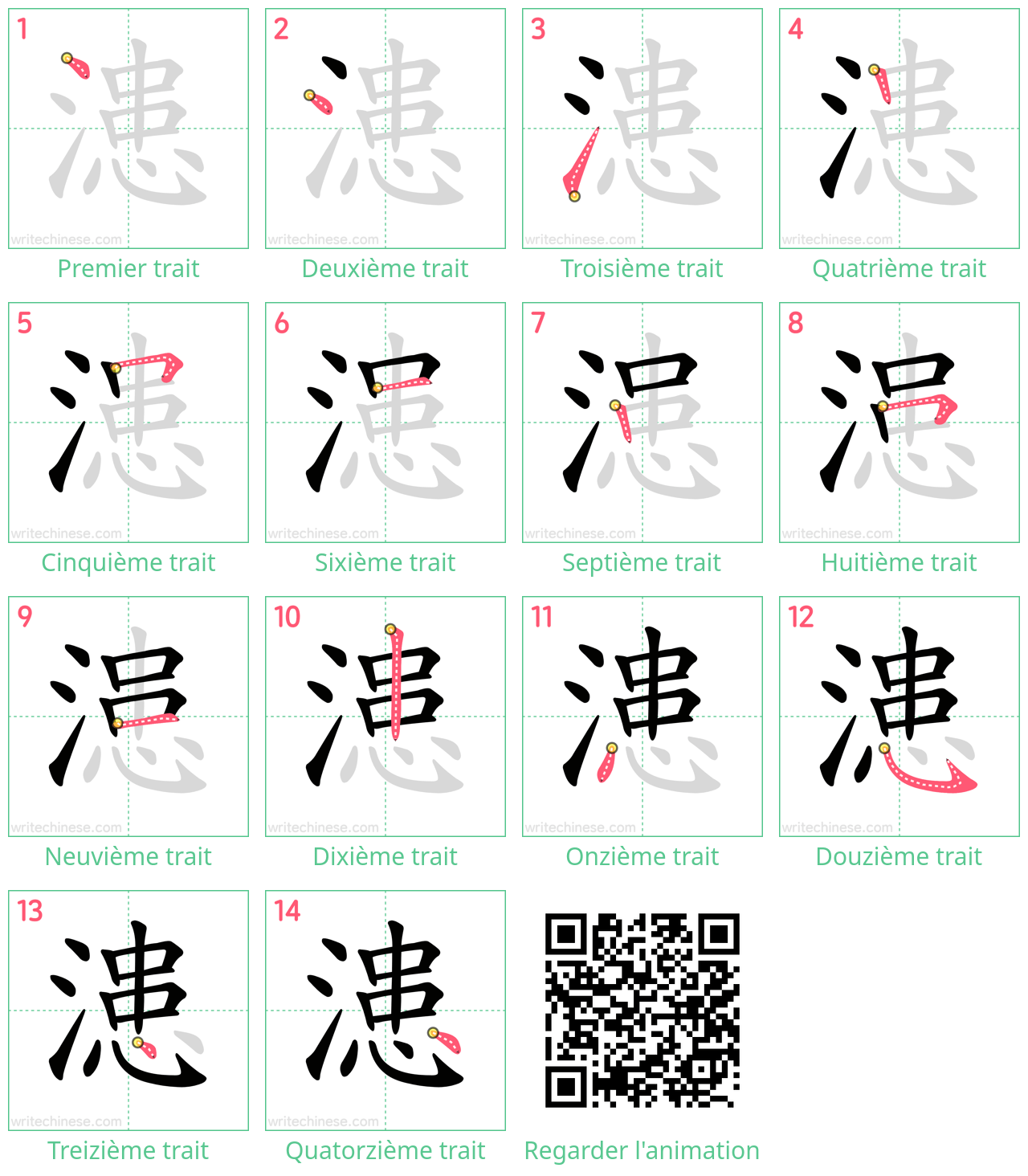 Diagrammes d'ordre des traits étape par étape pour le caractère 漶