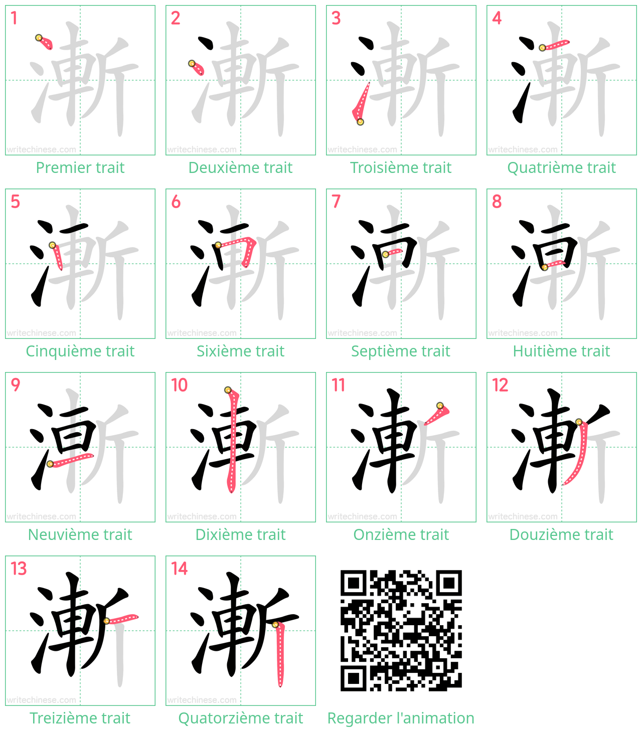 Diagrammes d'ordre des traits étape par étape pour le caractère 漸