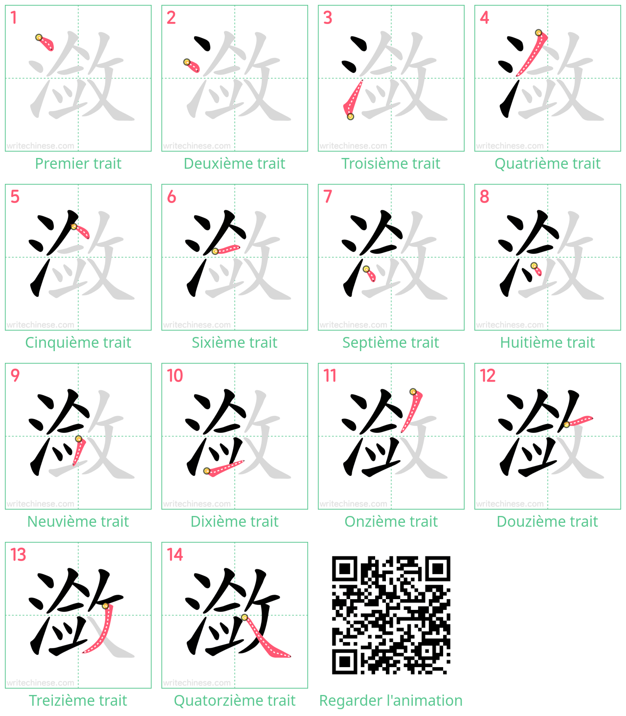 Diagrammes d'ordre des traits étape par étape pour le caractère 潋