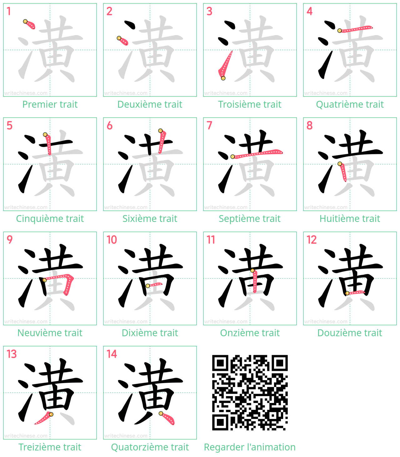 Diagrammes d'ordre des traits étape par étape pour le caractère 潢