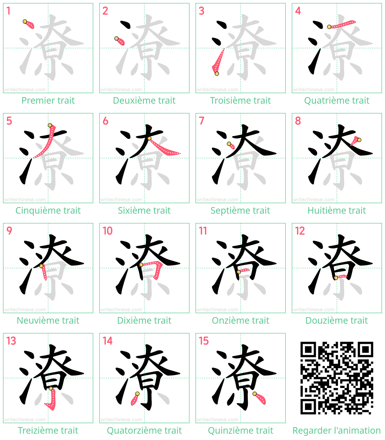 Diagrammes d'ordre des traits étape par étape pour le caractère 潦