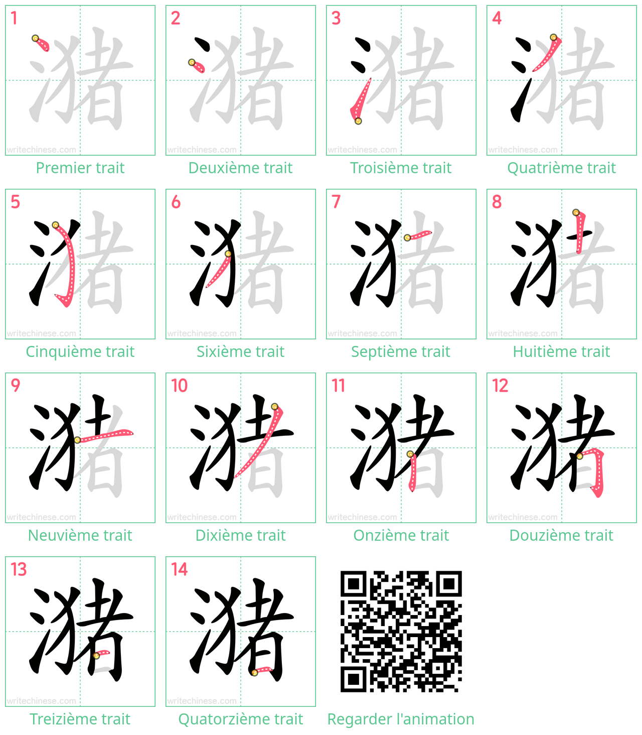 Diagrammes d'ordre des traits étape par étape pour le caractère 潴