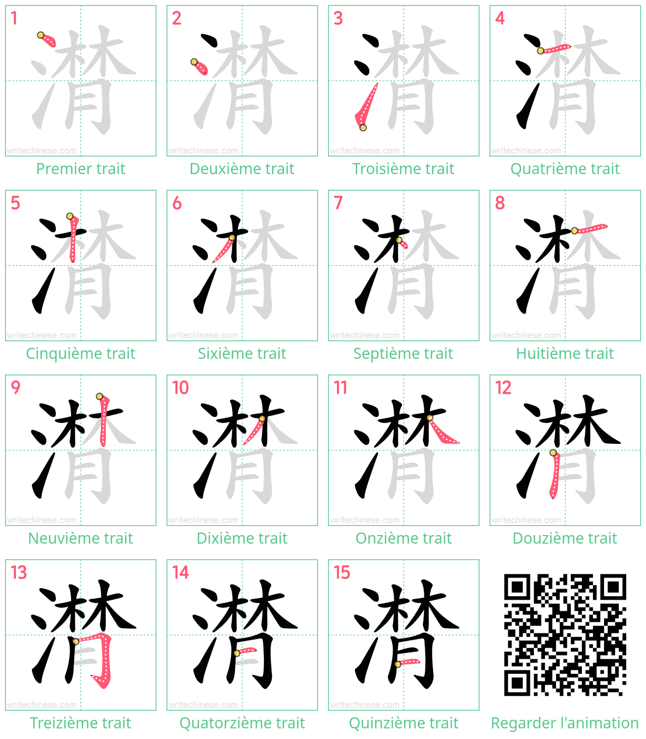 Diagrammes d'ordre des traits étape par étape pour le caractère 潸