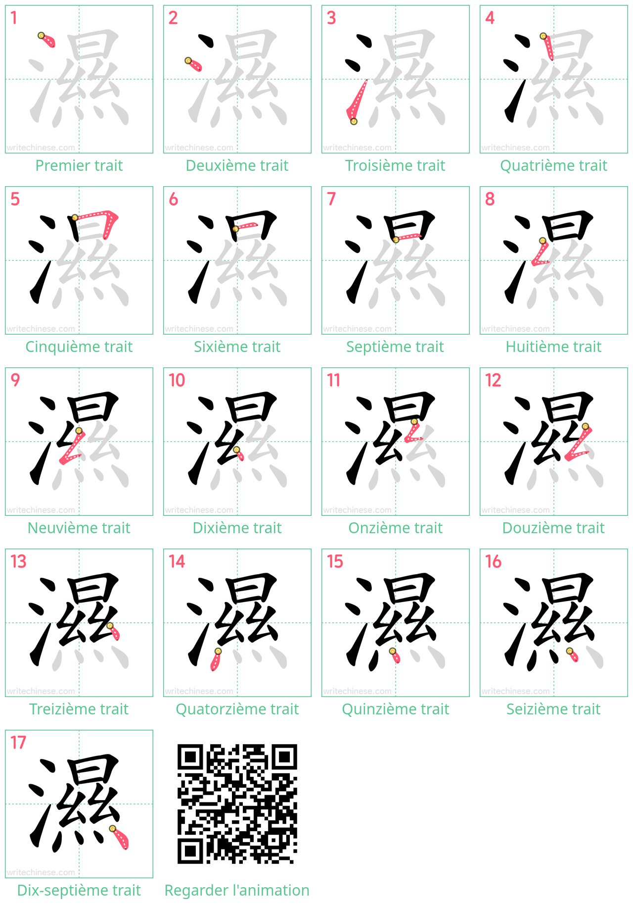 Diagrammes d'ordre des traits étape par étape pour le caractère 濕