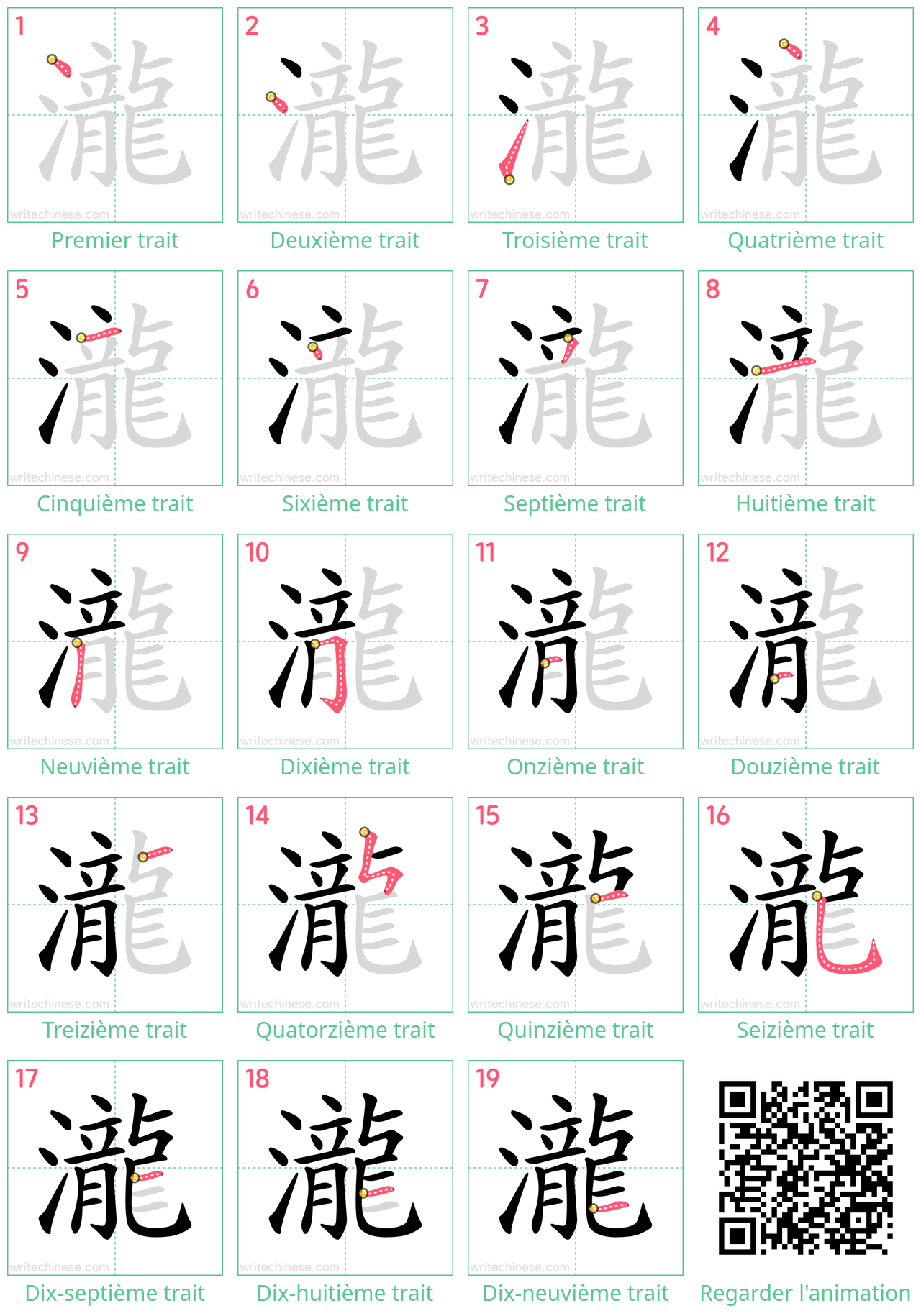 Diagrammes d'ordre des traits étape par étape pour le caractère 瀧