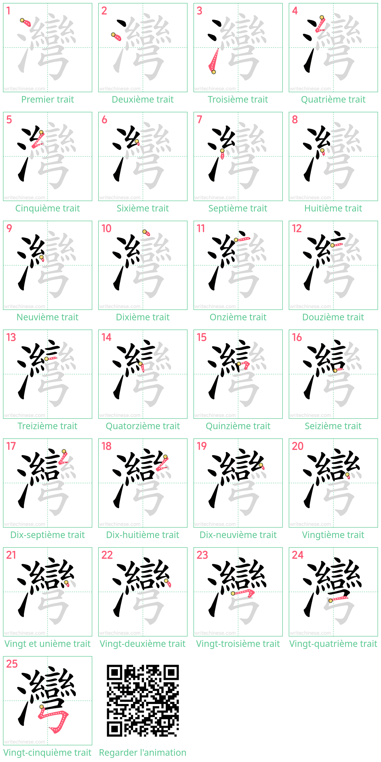 Diagrammes d'ordre des traits étape par étape pour le caractère 灣