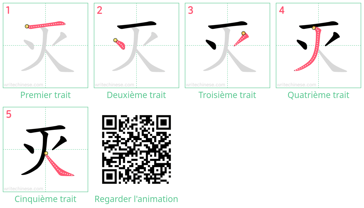 Diagrammes d'ordre des traits étape par étape pour le caractère 灭