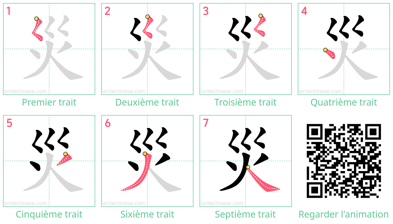 Diagrammes d'ordre des traits étape par étape pour le caractère 災