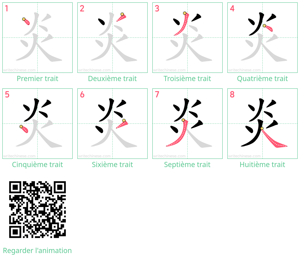 Diagrammes d'ordre des traits étape par étape pour le caractère 炎