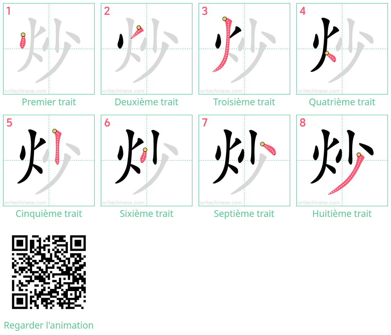 Diagrammes d'ordre des traits étape par étape pour le caractère 炒