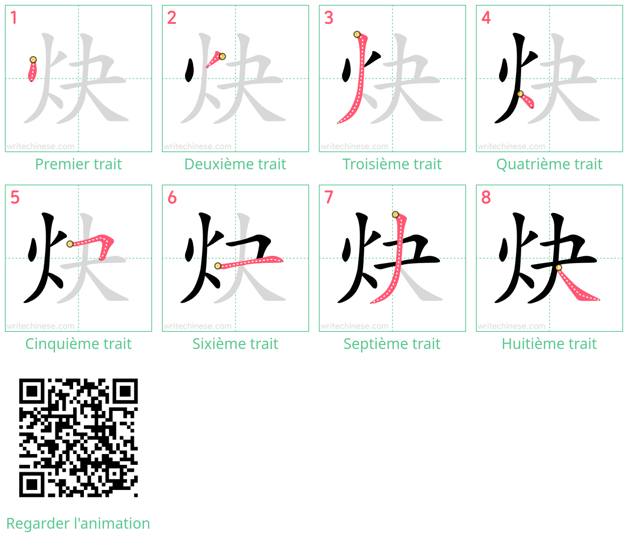 Diagrammes d'ordre des traits étape par étape pour le caractère 炔