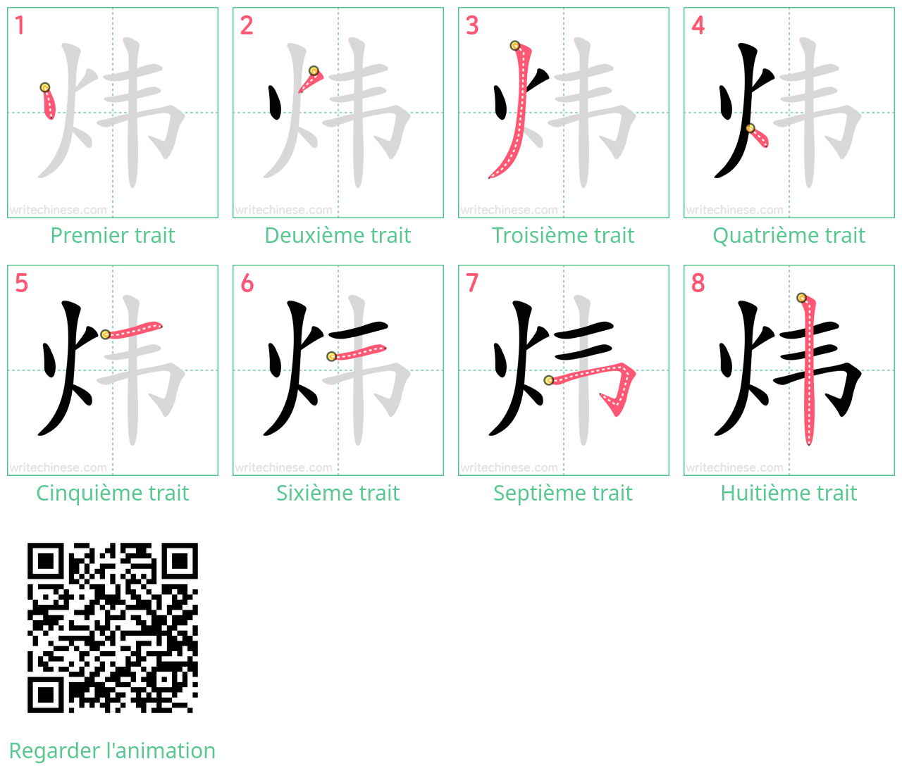 Diagrammes d'ordre des traits étape par étape pour le caractère 炜