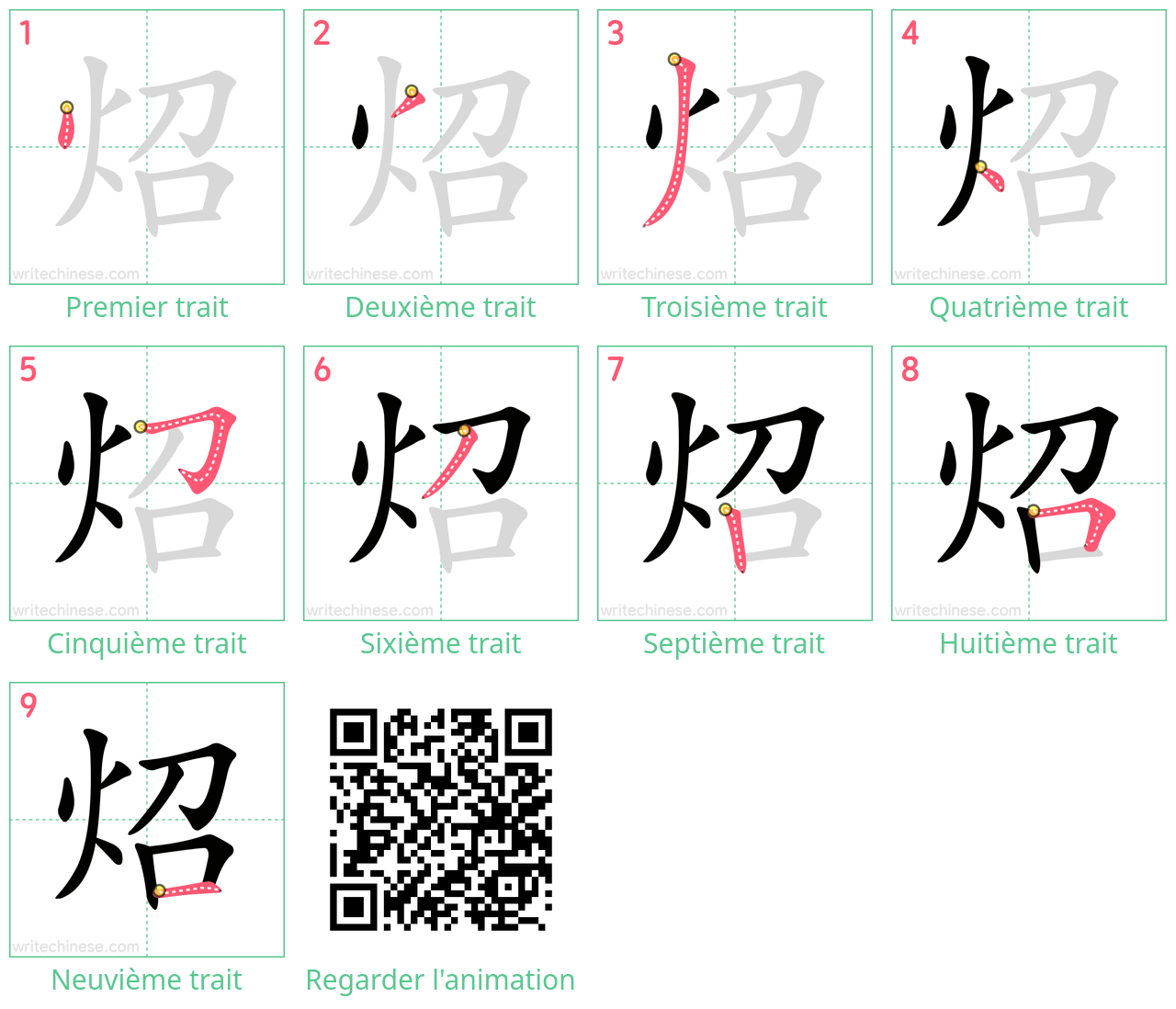 Diagrammes d'ordre des traits étape par étape pour le caractère 炤