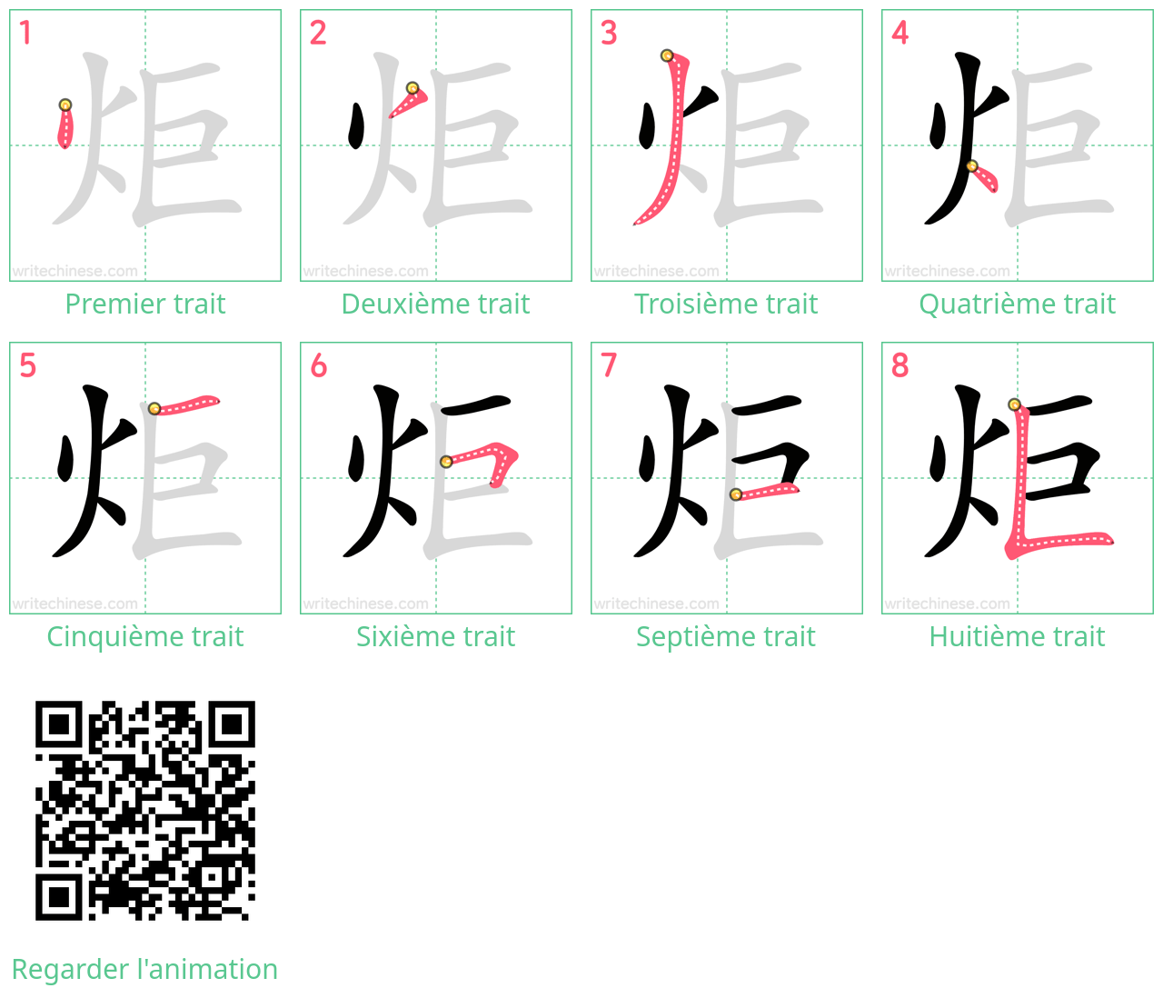 Diagrammes d'ordre des traits étape par étape pour le caractère 炬