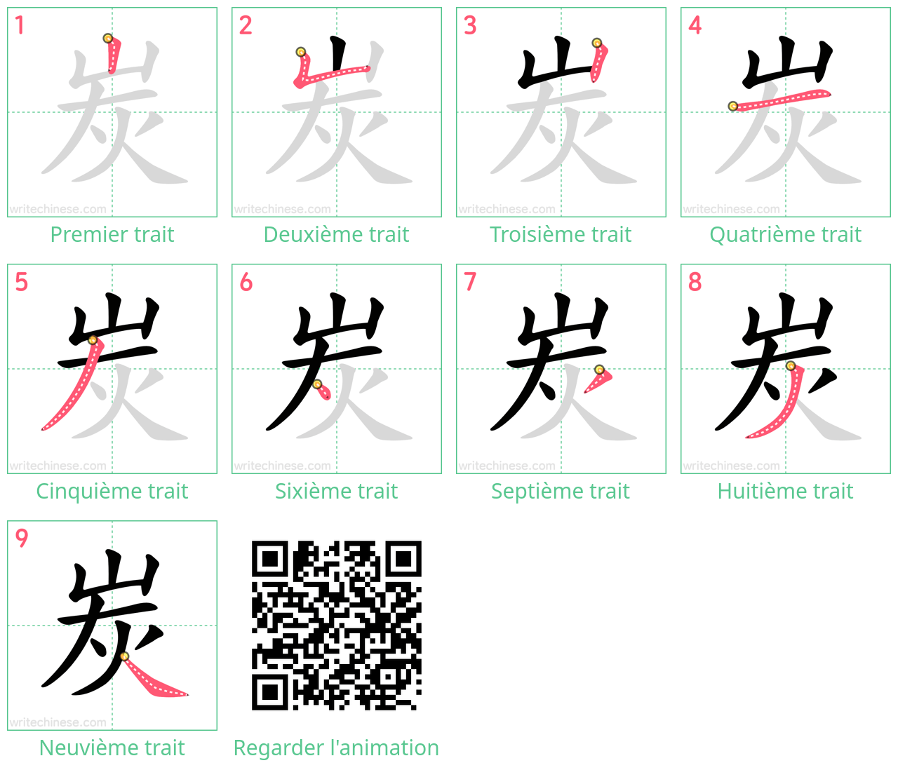 Diagrammes d'ordre des traits étape par étape pour le caractère 炭