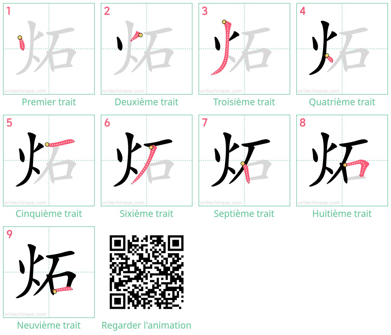 Diagrammes d'ordre des traits étape par étape pour le caractère 炻