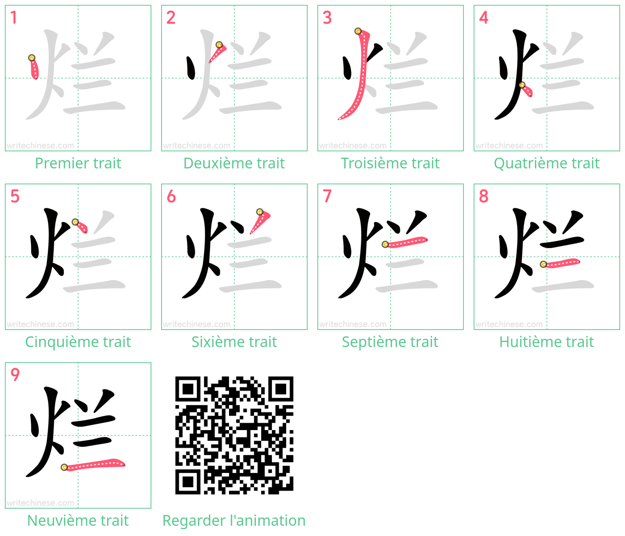 Diagrammes d'ordre des traits étape par étape pour le caractère 烂