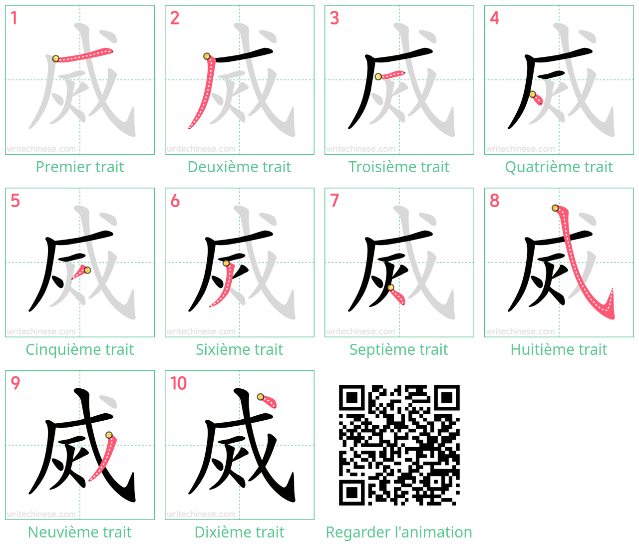 Diagrammes d'ordre des traits étape par étape pour le caractère 烕