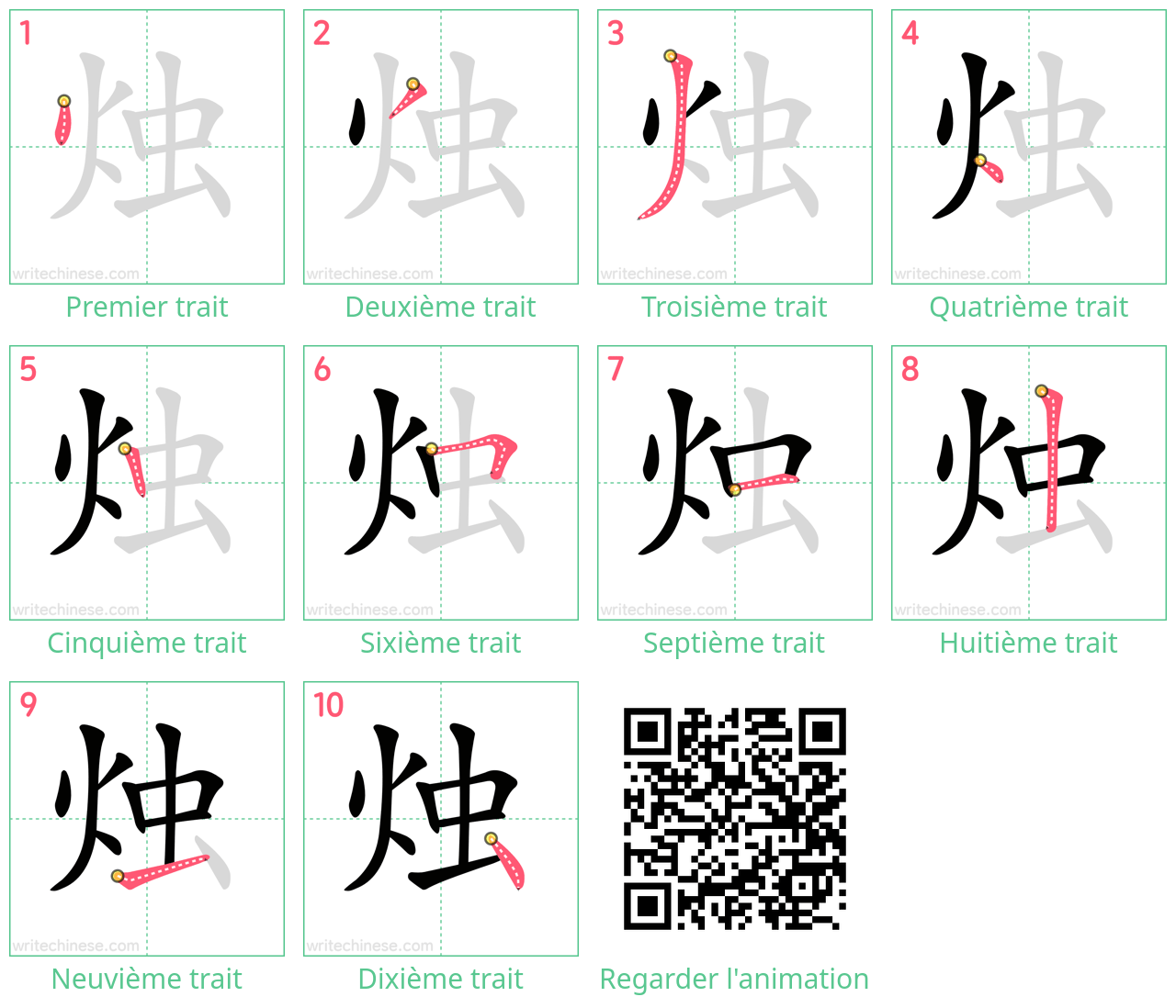 Diagrammes d'ordre des traits étape par étape pour le caractère 烛