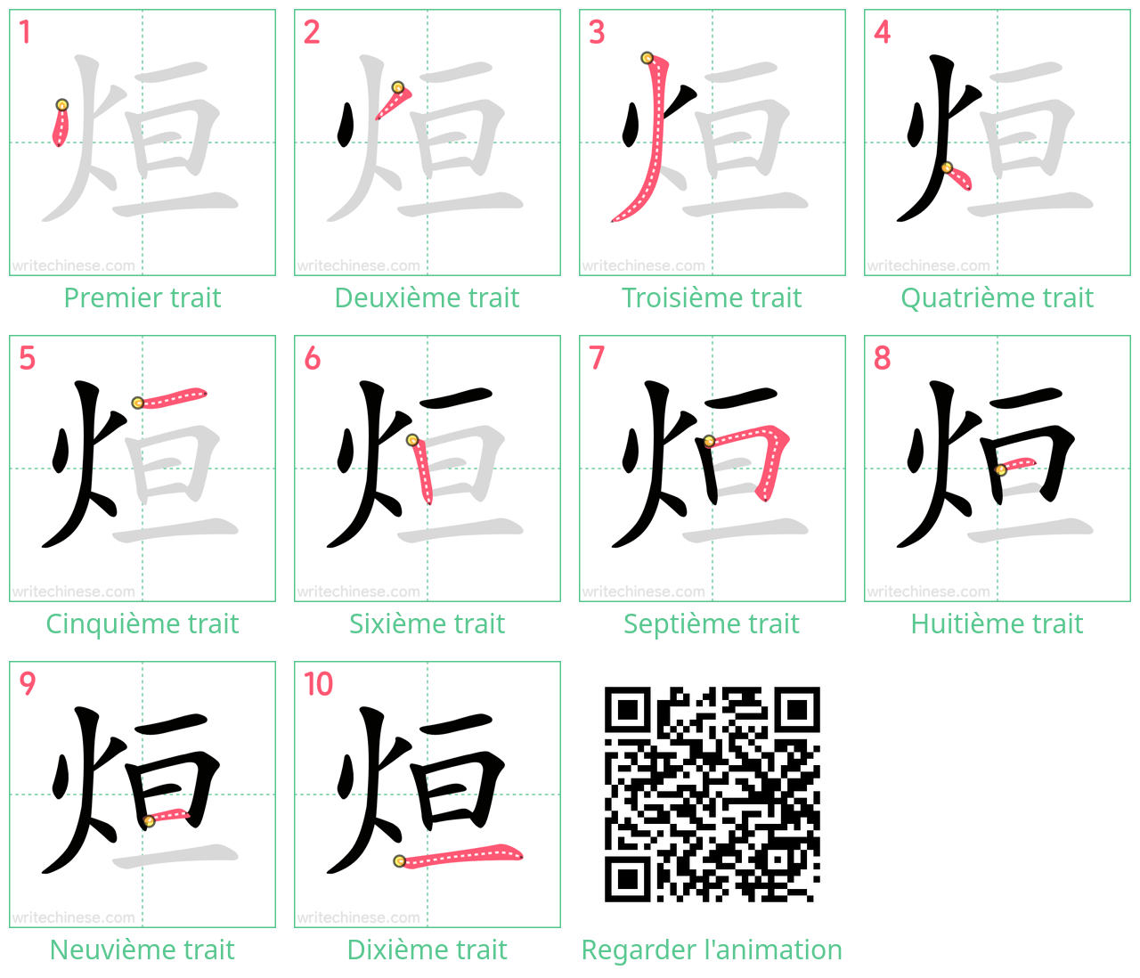 Diagrammes d'ordre des traits étape par étape pour le caractère 烜