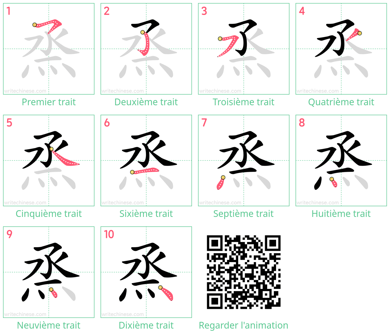 Diagrammes d'ordre des traits étape par étape pour le caractère 烝