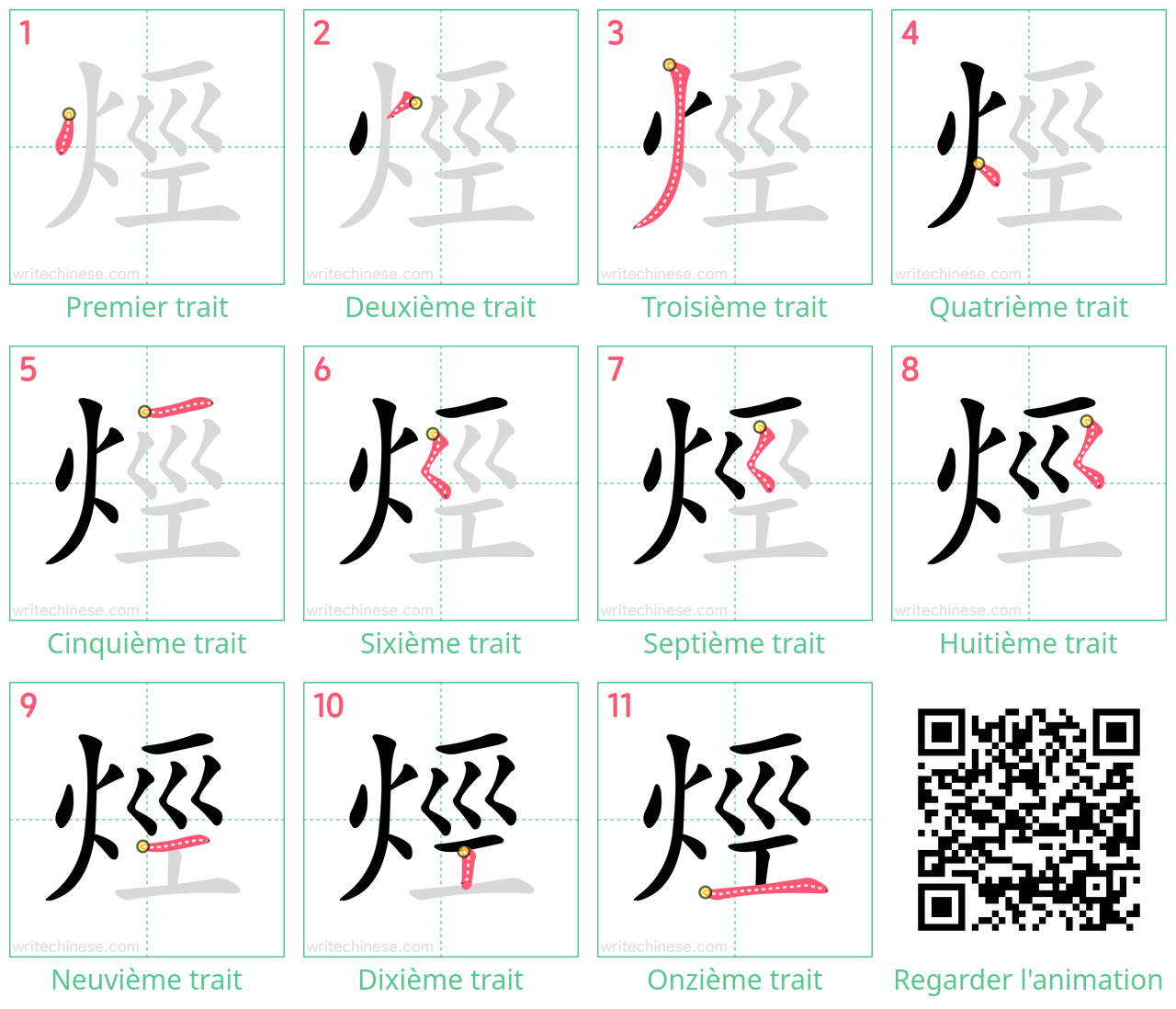 Diagrammes d'ordre des traits étape par étape pour le caractère 烴