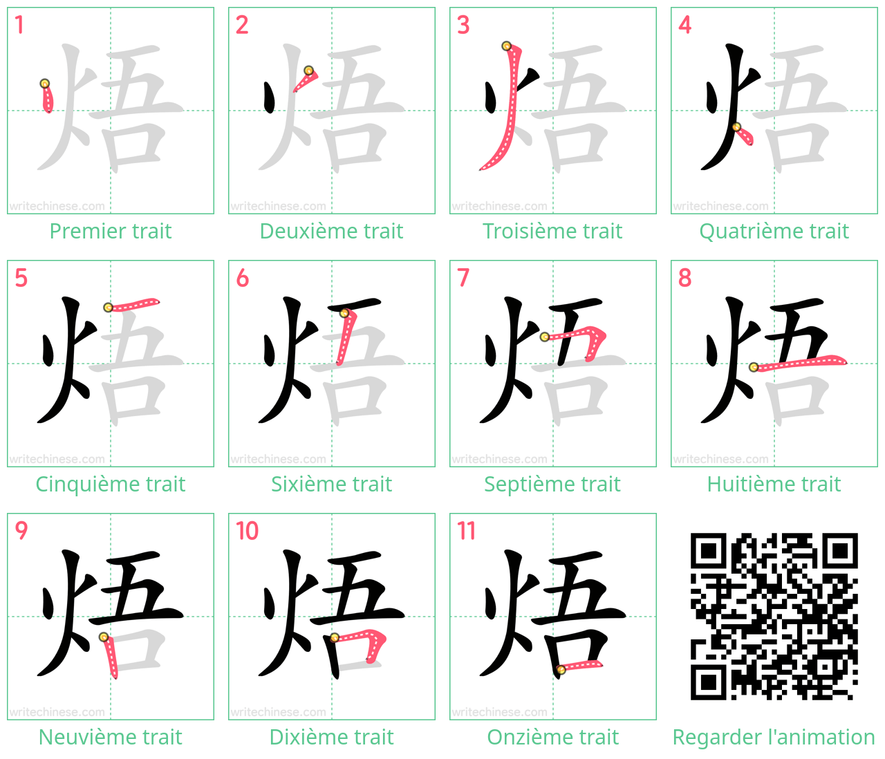 Diagrammes d'ordre des traits étape par étape pour le caractère 焐