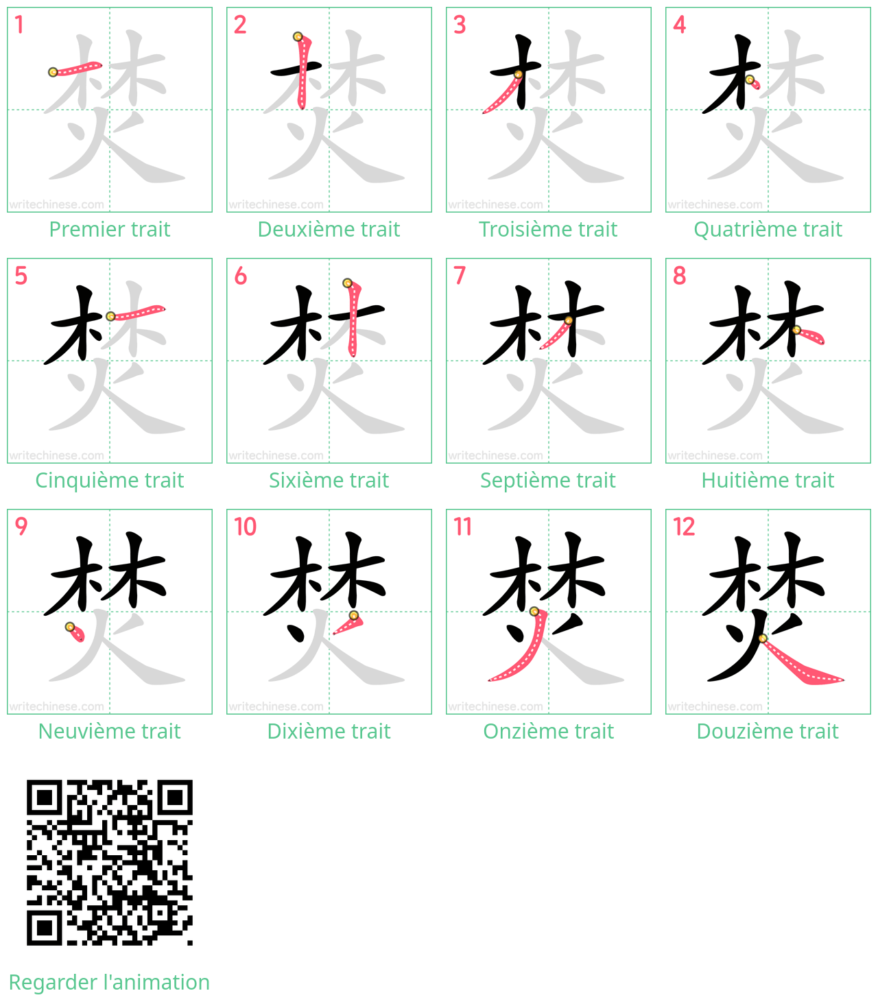 Diagrammes d'ordre des traits étape par étape pour le caractère 焚