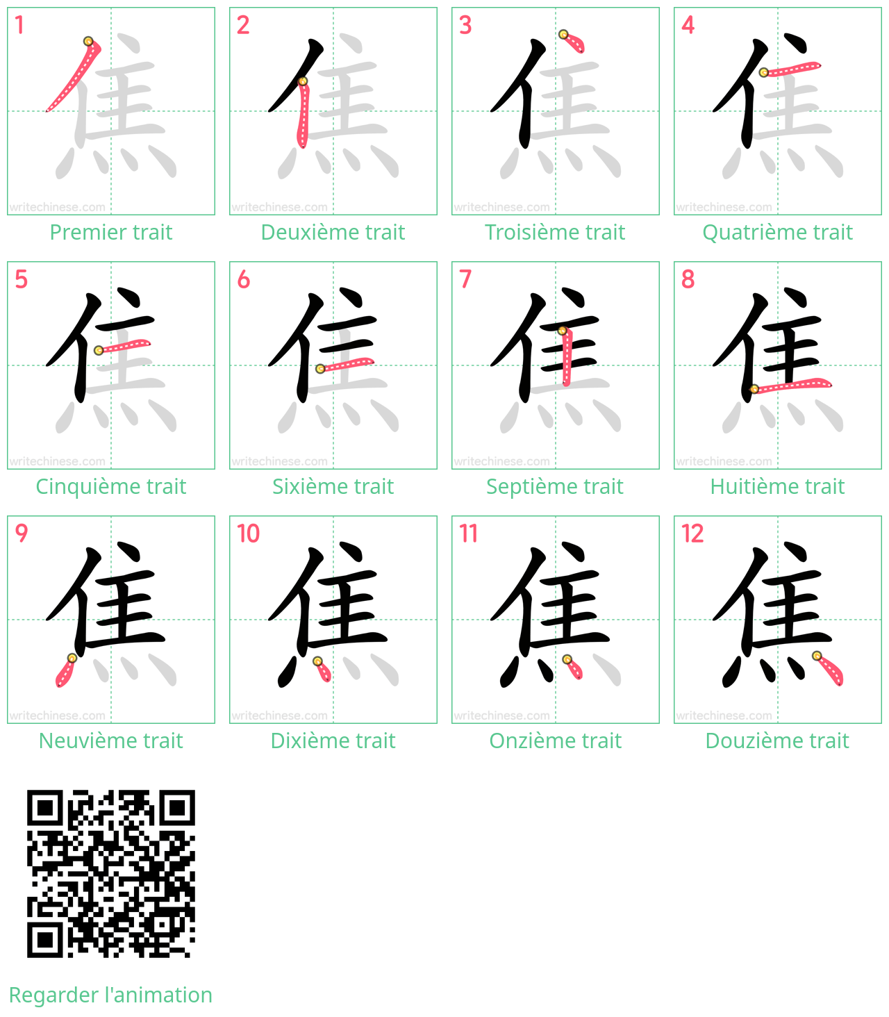 Diagrammes d'ordre des traits étape par étape pour le caractère 焦