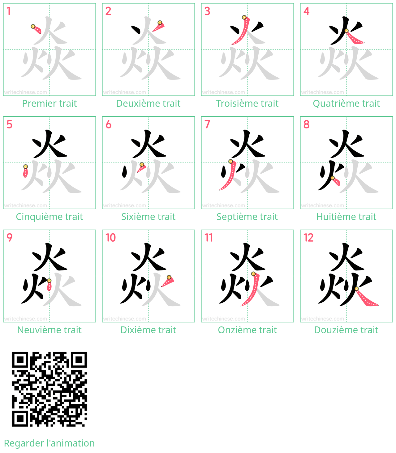 Diagrammes d'ordre des traits étape par étape pour le caractère 焱