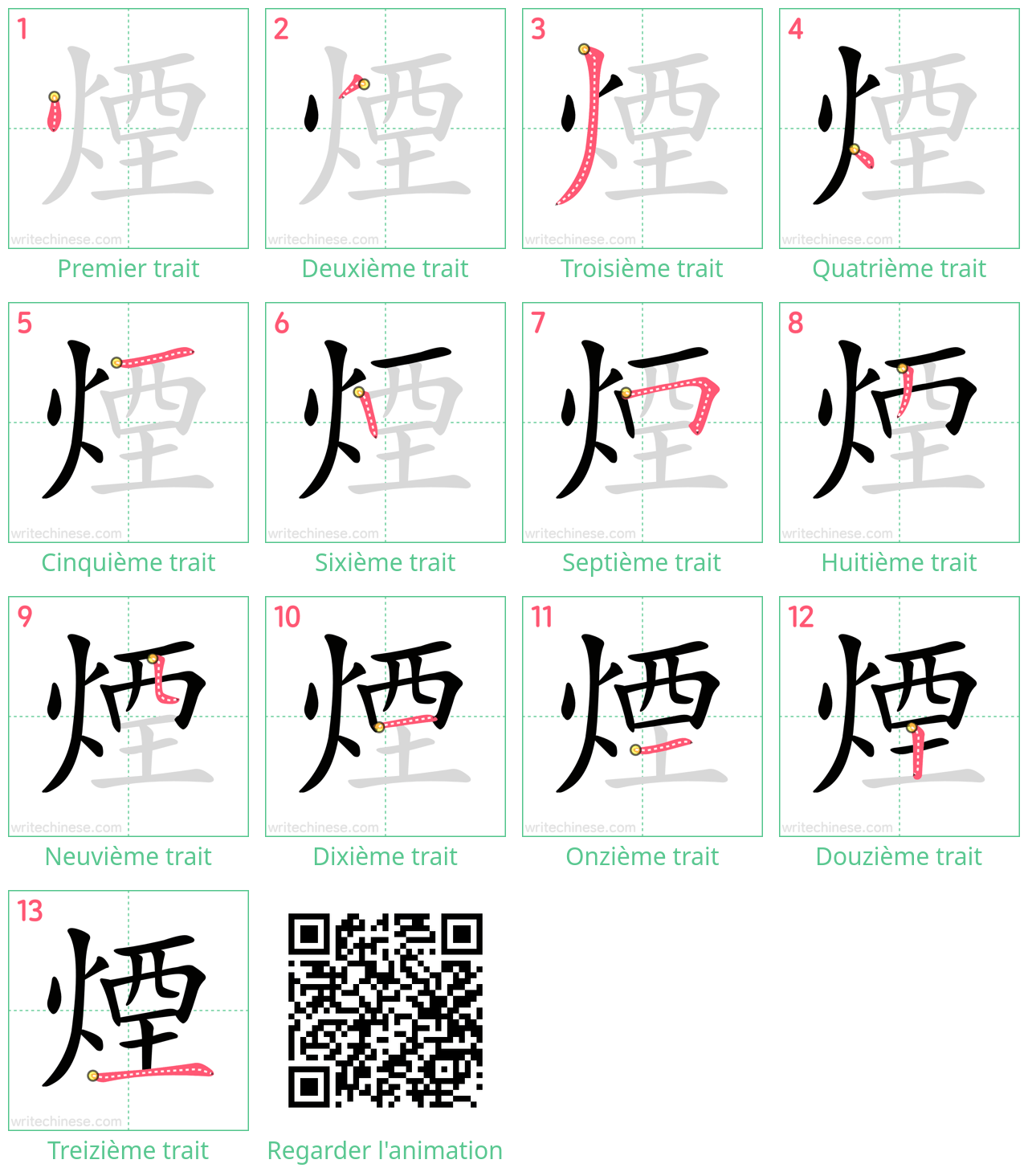 Diagrammes d'ordre des traits étape par étape pour le caractère 煙