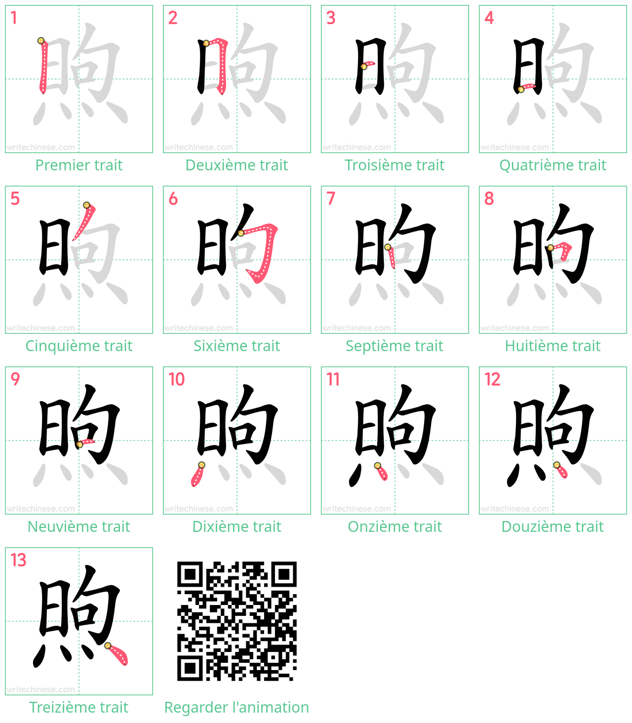 Diagrammes d'ordre des traits étape par étape pour le caractère 煦