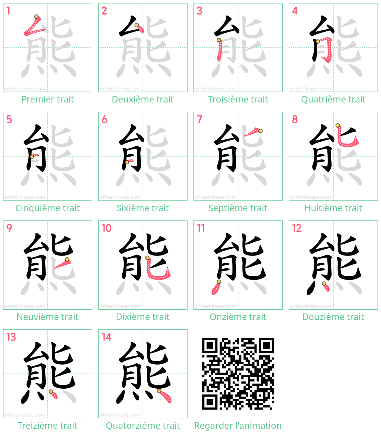 Diagrammes d'ordre des traits étape par étape pour le caractère 熊